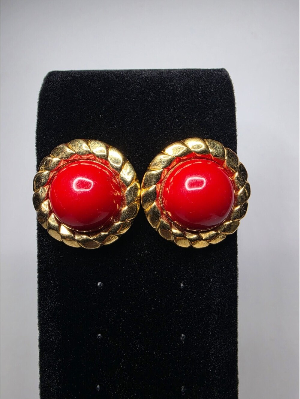 Vintage Gold Trifari Red Cabochon Rope Edge Earrings